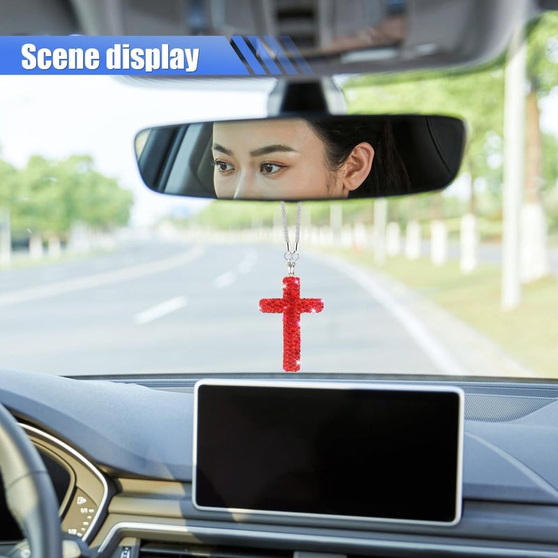 ZIMISI Bling Cross Car Hanging Ornament, Crystal Rhinestone Car Rearview Mirror Pendant for Women, Diamond Rear View Mirror Charm Present, Universal Vehicle Interior Decoration Accessory (Red) - Image 4